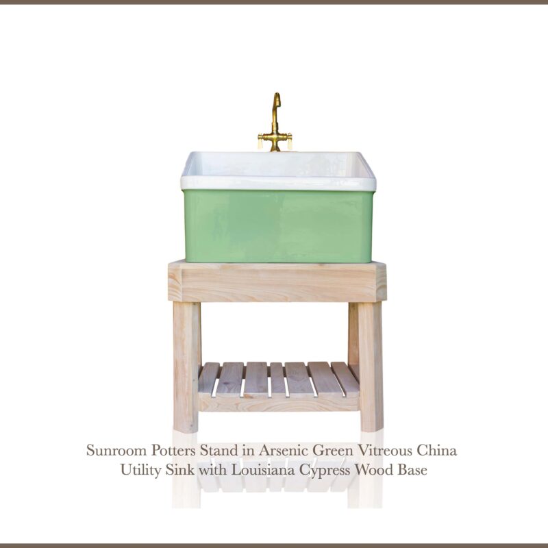 Sunroom Potters Stand in Arsenic Green Vitreous China Utility Sink with Louisiana Cypress Wood Base