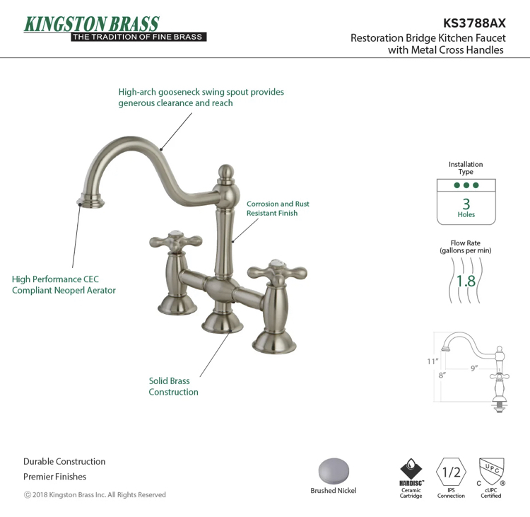 Kingston Brass KS378_AX Restoration Bridge Kitchen Faucet ...