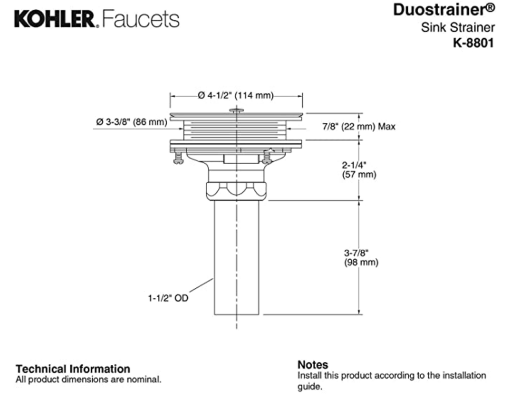 Kohler K8801CP Duostrainer Sink Strainer, Polished Chrome 3.5 or 4