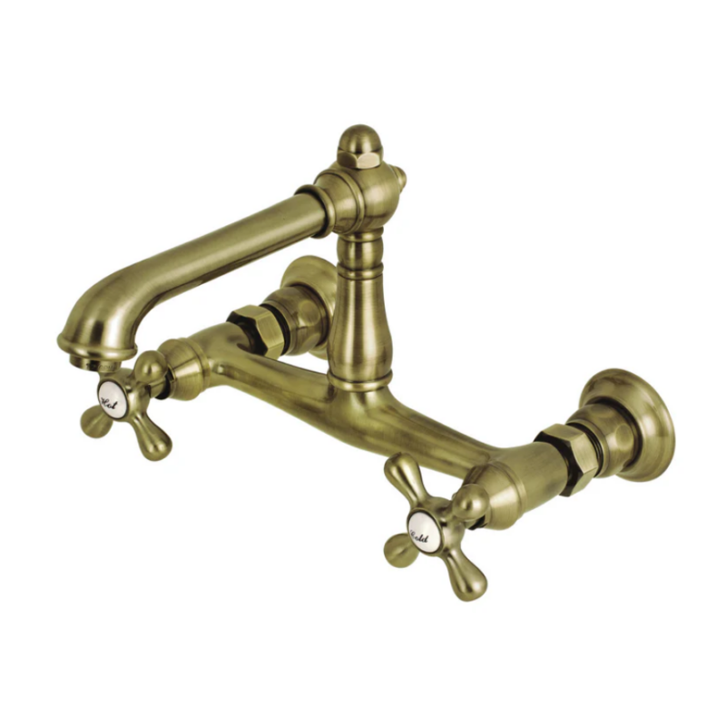 Kingston Heirloom KS7243AX - English Country Double-Handle 2-Hole Wall Mount Bathroom Faucet, Antique Brass